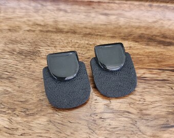 Black Textured Stacked Studs | Polymer Clay Earrings | Black Basketweave Earrings | Art Deco Earrings | Silver Earrings | Handmade Earrings