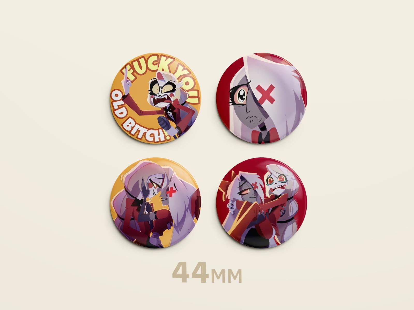 Charlie & Vaggie 44mm Pin Badge Set | Hazbin Hotel Couple Button