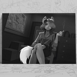 May include: A black and white digital illustration featuring an anthropomorphic fox character with short hair, sitting in a chair in a dimly lit office. The character holds a cigarette with a thin trail of smoke rising, while a bulletin board hangs on the wall.