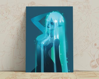 Impressão artística do Espírito da Água | Pôster de Anime Fantasia | Arte de Parede Azul (A4, 20x25 cm)