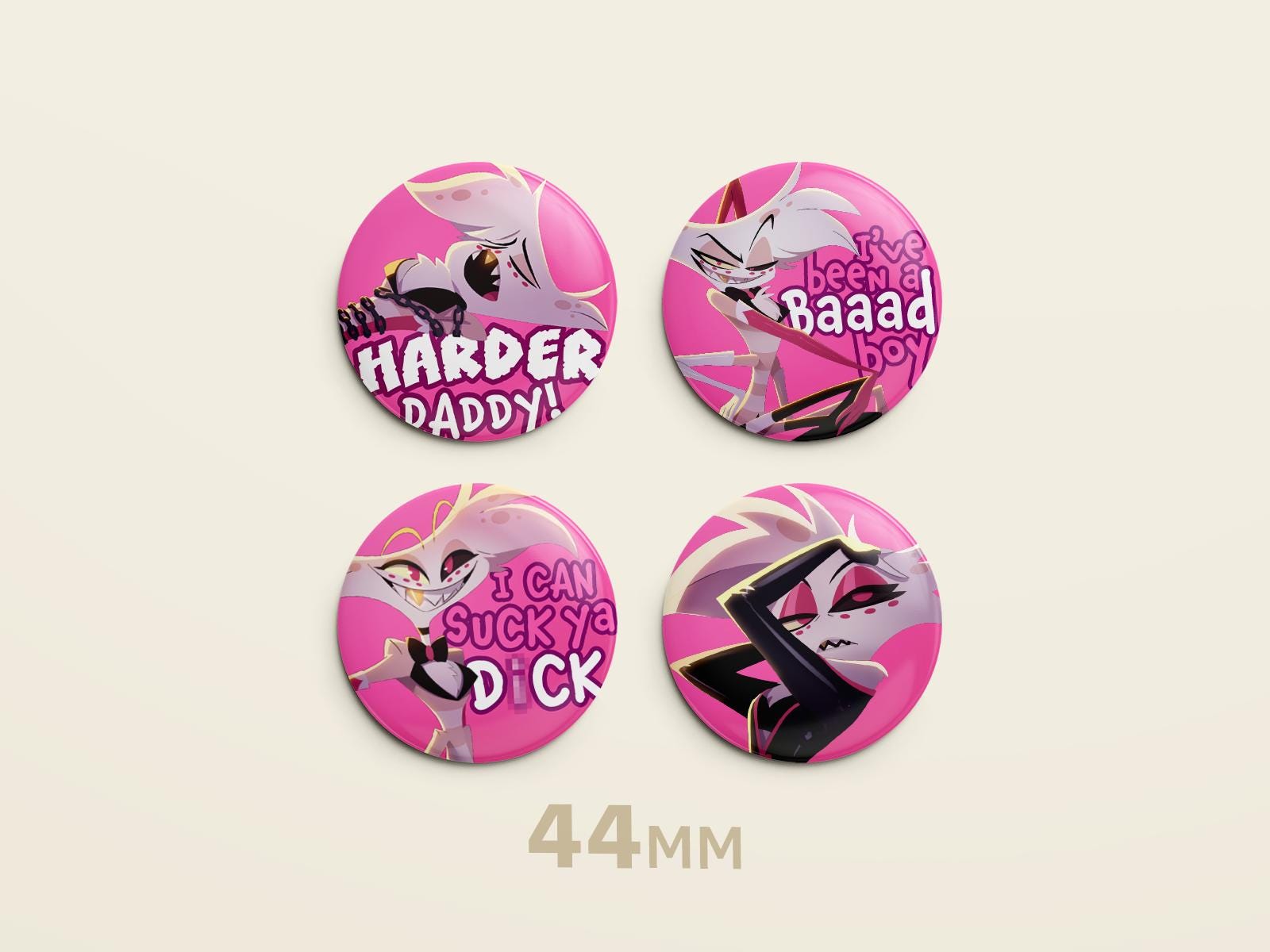 Angel Dust 44mm Pin Badge Set | Hazbin Hotel Button Collection