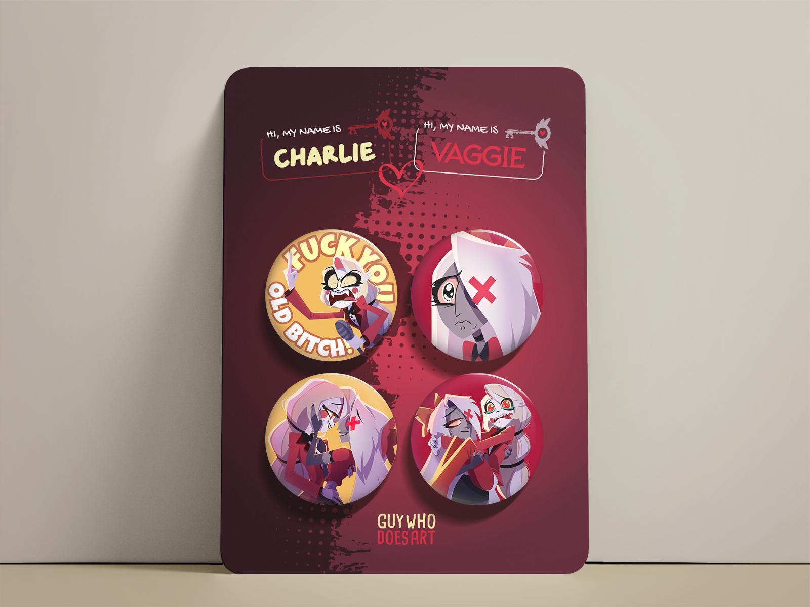 Charlie & Vaggie 44mm Pin Badge Set | Hazbin Hotel Couple Button