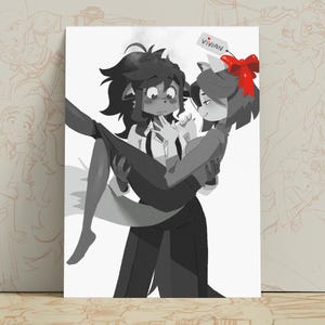 May include: A black and white illustration featuring two anthropomorphic characters. One character with dark hair is being carried by another character who has a red bow on their head and a tag attached that reads VIVIAN with a small red heart.