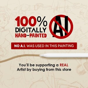 Puede incluir: Un gr&aacute;fico con el texto 100% DIGITALLY HAND-PAINTED y NO A.I. WAS USED IN THIS PAINTING, incluyendo un c&iacute;rculo rojo con una barra sobre las letras AI. Un l&aacute;piz &oacute;ptico blanco traza una l&iacute;nea marr&oacute;n sobre un fondo claro con bocetos.