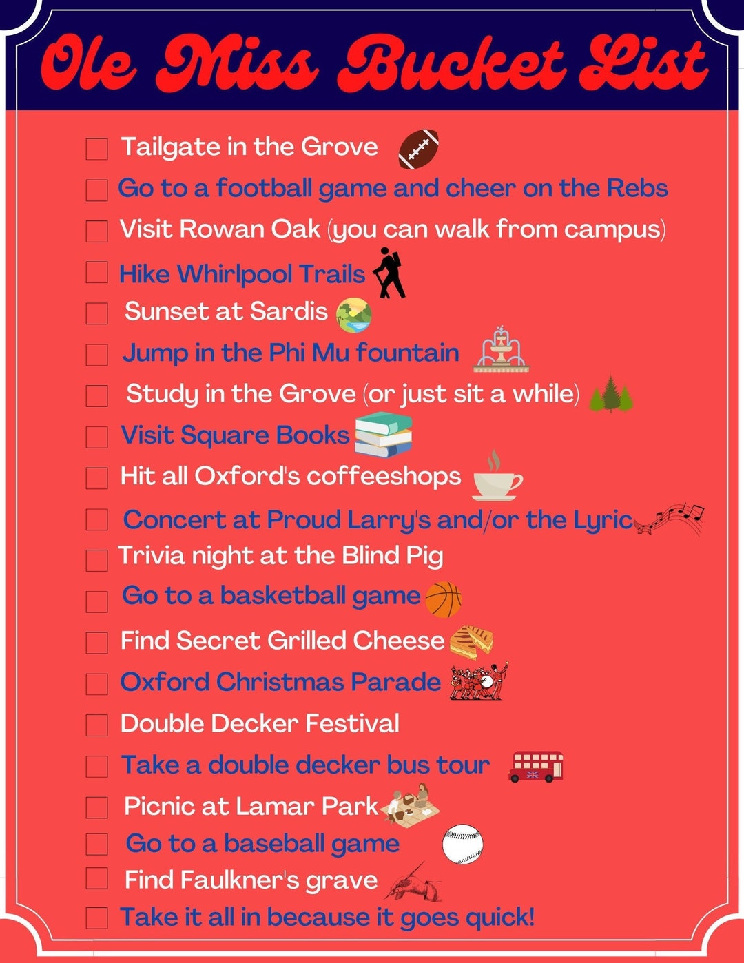Ole Miss Bucket List Freshman Checklist University of Etsy