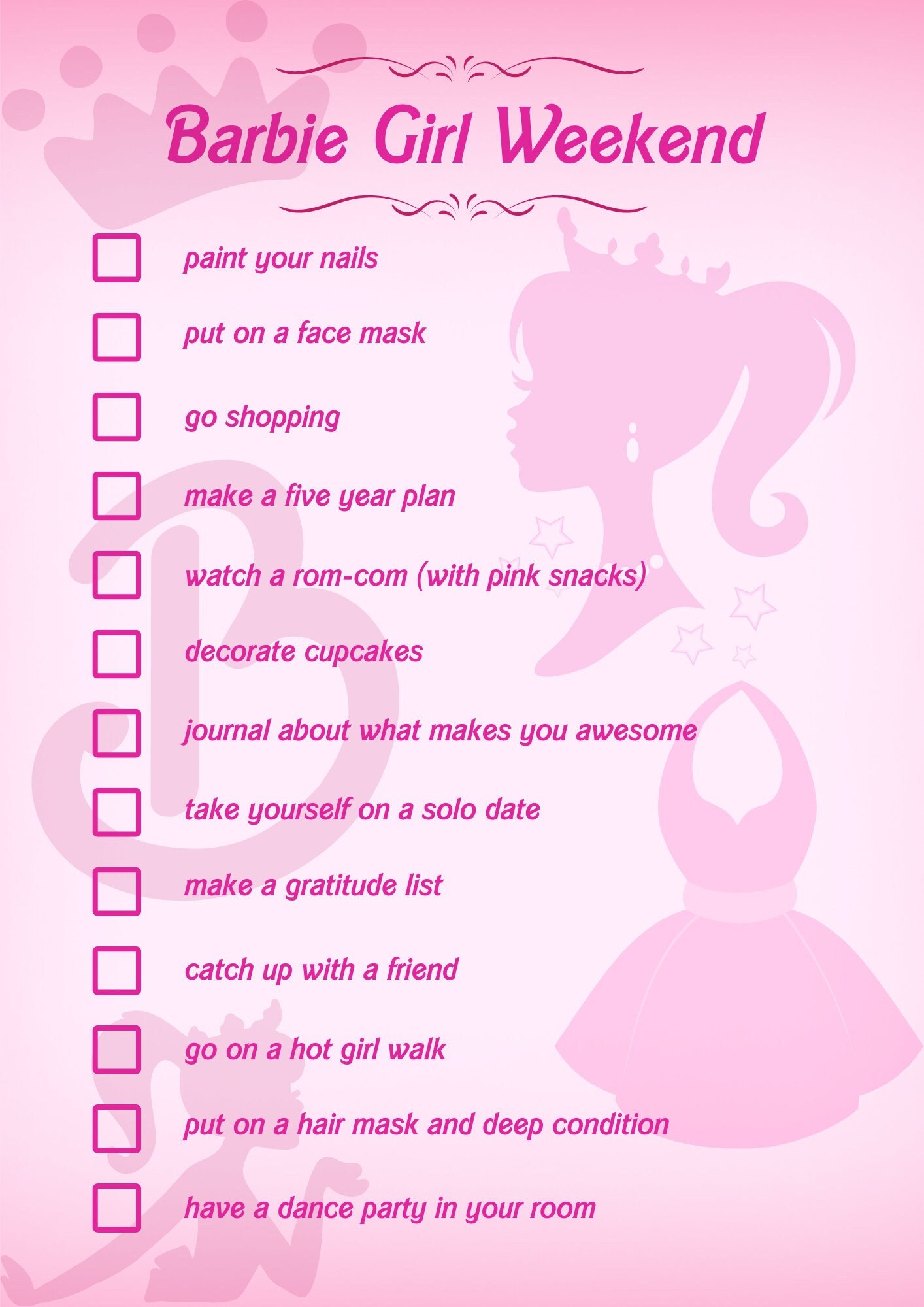 Barbie Girl Weekend, Weekend Planner, Slumber Party Idea List