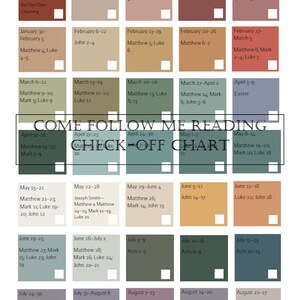 Peut inclure: Un tableau vert et marron avec le texte "Come Follow Me Reading Check-Off Chart" en haut. Le tableau est divisé en carrés, chacun avec une plage de dates et un passage biblique. Le tableau est conçu pour aider les gens à suivre leur lecture des Écritures.