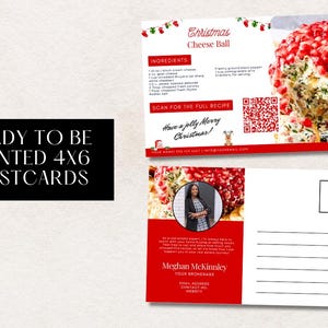 Pode incluir: Um cart&atilde;o postal vermelho e branco com uma receita de bola de queijo de Natal na frente e um espa&ccedil;o para uma mensagem personalizada no verso. O cart&atilde;o postal tamb&eacute;m inclui um c&oacute;digo QR para escanear para obter a receita completa e uma foto de uma mulher com um fundo vermelho.