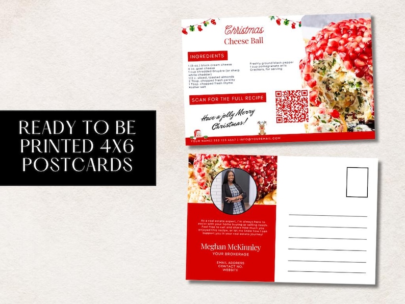 Pode incluir: Um cart&atilde;o postal vermelho e branco com uma receita de bola de queijo de Natal na frente e um espa&ccedil;o para uma mensagem personalizada no verso. O cart&atilde;o postal tamb&eacute;m inclui um c&oacute;digo QR para escanear para obter a receita completa e uma foto de uma mulher com um fundo vermelho.