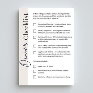 K&ouml;nnte beinhalten: Eine Checkliste zur Vorbereitung eines Hauses zur Vermietung. Die Checkliste umfasst Punkte wie professionelle Reinigung, Sicherheitskonformit&auml;t, funktionale Systeme, Schl&ouml;sser und Schl&uuml;ssel, Ger&auml;te und Versorgungseinrichtungen sowie zus&auml;tzliche Punkte, die zu ber&uuml;cksichtigen sind.