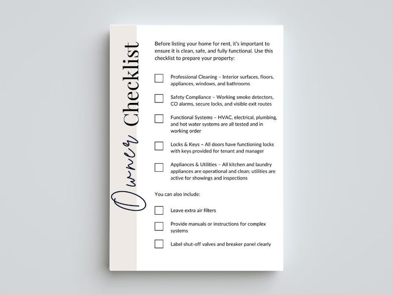 K&ouml;nnte beinhalten: Eine Checkliste zur Vorbereitung eines Hauses zur Vermietung. Die Checkliste umfasst Punkte wie professionelle Reinigung, Sicherheitskonformit&auml;t, funktionale Systeme, Schl&ouml;sser und Schl&uuml;ssel, Ger&auml;te und Versorgungseinrichtungen sowie zus&auml;tzliche Punkte, die zu ber&uuml;cksichtigen sind.