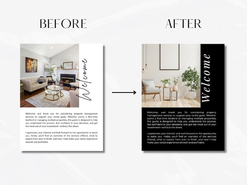 K&ouml;nnte beinhalten: Vorher- und Nachher-Bilder eines Wohnzimmers mit Kamin. Das Vorher-Bild zeigt ein traditionelles Wohnzimmer mit Kamin und einer Couch. Das Nachher-Bild zeigt ein modernes Wohnzimmer mit Kamin und einem Sessel. Der Text "Willkommen" ist in einer handschriftlichen Schrift auf beiden Bildern geschrieben.