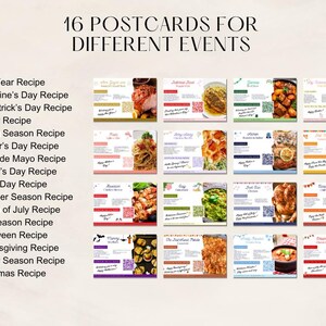 Pode incluir: Uma colagem de 16 cart&otilde;es postais com diferentes receitas de comida para v&aacute;rios feriados e esta&ccedil;&otilde;es. Cada cart&atilde;o postal tem um design colorido e um c&oacute;digo QR.