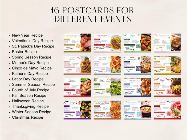 Pode incluir: Uma colagem de 16 cart&otilde;es postais com diferentes receitas de comida para v&aacute;rios feriados e esta&ccedil;&otilde;es. Cada cart&atilde;o postal tem um design colorido e um c&oacute;digo QR.