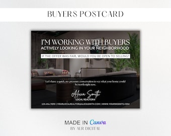 Op de afbeelding: Een vastgoedpostkaart met bovenaan de tekst "BUYERS POSTCARD". De postkaart bevat de tekst "I'M WORKING WITH BUYERS ACTIVELY LOOKING IN YOUR NEIGHBORHOOD" en "IF THE OFFER WAS FAIR, WOULD YOU BE OPEN TO SELLING?" De onderkant van de postkaart bevat de tekst "Alicia Smith LOCAL REALTOR®".