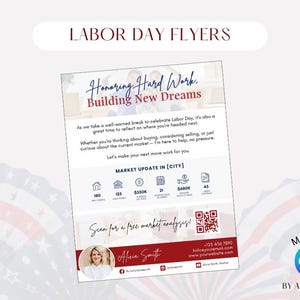 May include: A flyer with the text "Labor Day Flyers" and the phrases "Honoring Hard Work, Building New Dreams." It includes market update information, a QR code, and contact details for Alicia Smith, Realtor.