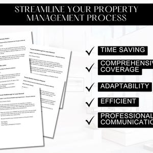 May include: A white background with black text that reads "Streamline Your Property Management Process". Below the text are five checkmarks with black text that reads "Time Saving", "Comprehensive Coverage", "Adaptability", "Efficient", and "Professional Communication".
