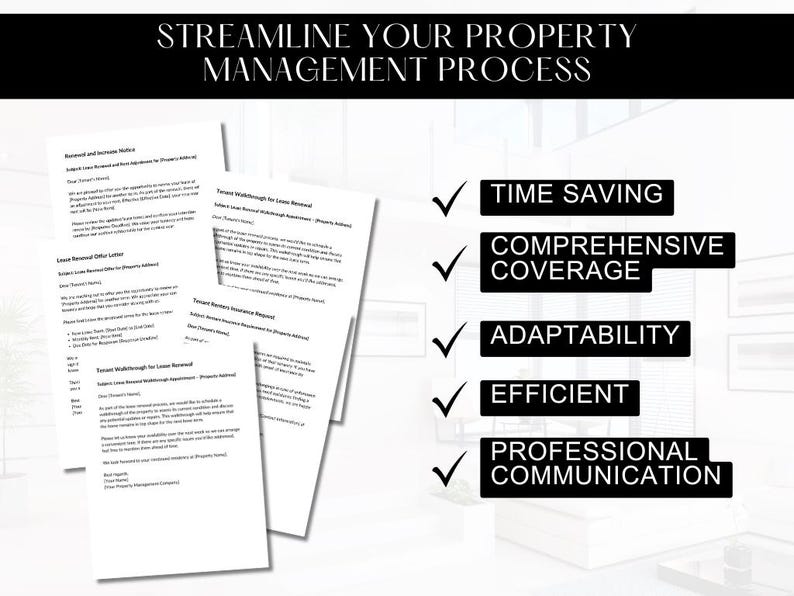 May include: A white background with black text that reads "Streamline Your Property Management Process". Below the text are five checkmarks with black text that reads "Time Saving", "Comprehensive Coverage", "Adaptability", "Efficient", and "Professional Communication".