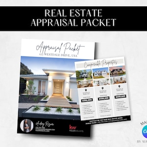 May include: A real estate appraisal packet with a photo of a modern home and a list of comparable properties. The packet includes the address 123 Westdale Drive, USA and the realtor's name and contact information.