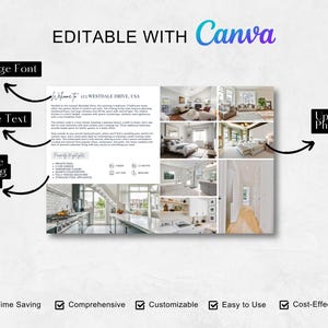 Puede incluir: Plantilla de folleto inmobiliario editable con fondo blanco. El folleto presenta un collage de fotos del interior y exterior de una casa moderna. El texto del folleto dice "Bienvenido a 113 WESTDALE DRIVE, USA". El folleto tambi&eacute;n incluye una lista de los aspectos m&aacute;s destacados de la propiedad, como una piscina privada, un garaje para dos coches y un patio trasero completamente vallado. El folleto es personalizable y f&aacute;cil de usar. El texto "Editable con Canva" se muestra en la parte superior de la imagen.