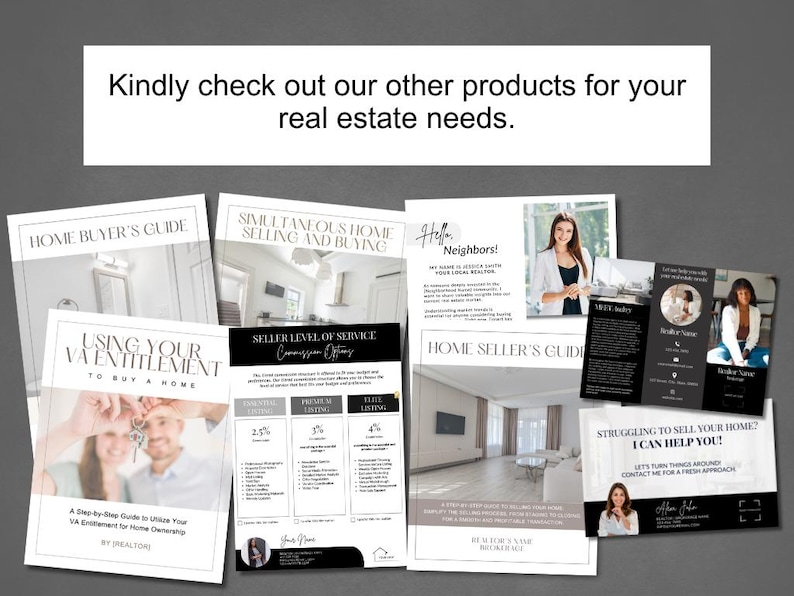 May include: A collection of real estate guides and flyers featuring images of homes, a realtor, and text about home buying and selling. The guides include titles such as "Home Buyer's Guide", "Simultaneous Home Selling and Buying", "Home Seller's Guide", and "Using Your VA Entitlement to Buy a Home".