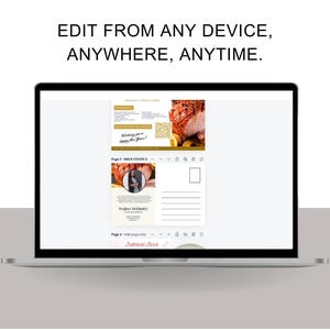 Pode incluir: Uma tela de laptop exibindo um modelo digital para um cart&atilde;o postal de f&eacute;rias. O modelo apresenta uma foto de um presunto assado com uma mensagem festiva. O texto "Editar de qualquer dispositivo, em qualquer lugar, a qualquer hora." &eacute; exibido acima do laptop.