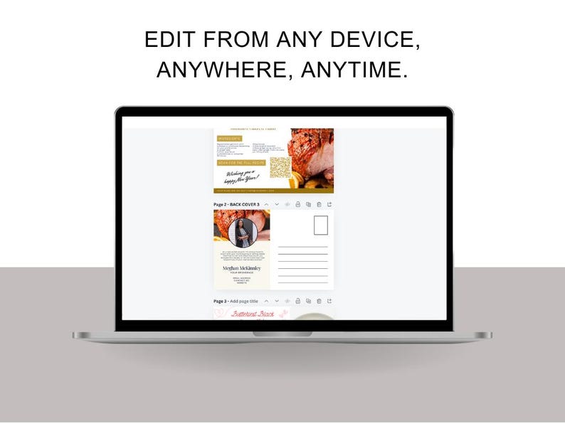 Pode incluir: Uma tela de laptop exibindo um modelo digital para um cart&atilde;o postal de f&eacute;rias. O modelo apresenta uma foto de um presunto assado com uma mensagem festiva. O texto "Editar de qualquer dispositivo, em qualquer lugar, a qualquer hora." &eacute; exibido acima do laptop.