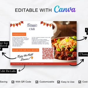 Pode incluir: Modelo de cart&atilde;o de receita edit&aacute;vel para chili cl&aacute;ssico com uma foto de chili em uma tigela, um c&oacute;digo QR e o texto "Aproveite a temporada de outono!"  Personalize o texto, altere a foto e edite os detalhes.  Economia de tempo, com c&oacute;digo QR, personaliz&aacute;vel, f&aacute;cil de usar e econ&ocirc;mico.