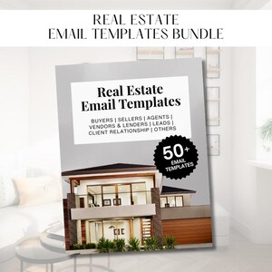 May include: A bundle of real estate email templates. The cover features a modern house illustration and the text "Real Estate Email Templates" with categories for buyers, sellers, agents, and more. Includes over 50 email templates.