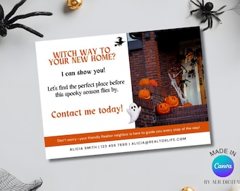 Halloween Real Estate Postcard | Realtor Agent October Farming Card | Fall Marketing Real Estate | Trick or Treat Editable Template | Canva