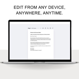 May include: A laptop screen displaying a document titled "Removal and Increase Notice". The text on the screen reads "Subject: Lease Removal and Rent Adjustment for Property Address [Tenant's Name]". The document is a notice about a lease removal and rent adjustment for a property.