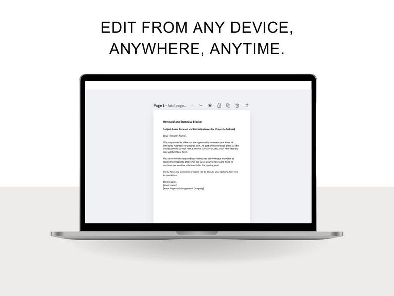 May include: A laptop screen displaying a document titled "Removal and Increase Notice". The text on the screen reads "Subject: Lease Removal and Rent Adjustment for Property Address [Tenant's Name]". The document is a notice about a lease removal and rent adjustment for a property.