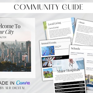 May include: A community guide for a city, with a cover image of a cityscape. The guide includes sections on local living, annual events, schools, major hospitals, and climate.