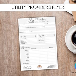 May include: A printed flyer titled "Utility Providers Flyer" with sections for property details, home info, trash pickup, and utility providers. The flyer is on a wooden surface, next to a coffee cup, pen, and notebook.
