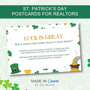 St. Patrick's Marketing for Realtors in Real Estate | March Mailer Postcards for Realtors | March Marketing Real Estate | Canva Editable