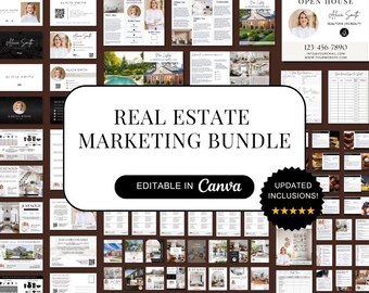 May include: A real estate marketing bundle with various templates, including business cards, brochures, and open house flyers. The central image features the text "Real Estate Marketing Bundle" and "Editable in Canva."