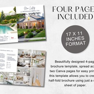 Puede incluir: Una plantilla de folleto de bienes ra&iacute;ces de cuatro p&aacute;ginas en un formato de 17 x 11 pulgadas. El folleto presenta una foto de una casa con piscina y fotos interiores de la casa. El texto en el folleto dice "Nueva lista 123 Westdale Drive, USA" y "Cuatro p&aacute;ginas incluidas".