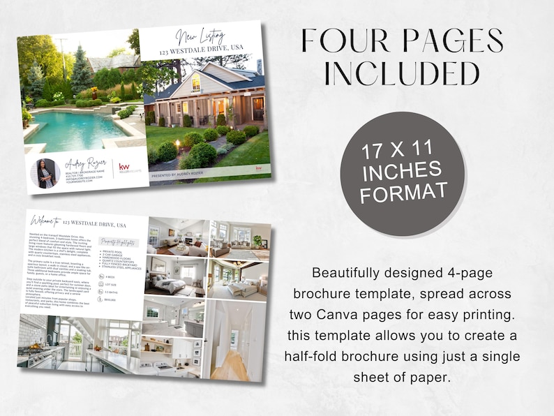 Puede incluir: Una plantilla de folleto de bienes ra&iacute;ces de cuatro p&aacute;ginas en un formato de 17 x 11 pulgadas. El folleto presenta una foto de una casa con piscina y fotos interiores de la casa. El texto en el folleto dice "Nueva lista 123 Westdale Drive, USA" y "Cuatro p&aacute;ginas incluidas".