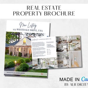 May include: A real estate property brochure for a new listing at 123 Westdale Drive, USA. The brochure features a photo of the house exterior and interior photos of the kitchen, living room, and bedrooms. The brochure is presented by Audrey Rozler.
