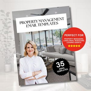 Pode incluir: Imagem promocional para modelos de e-mail de gestão de propriedades. A imagem apresenta uma mulher com uma blusa branca, com o texto "Property Management Email Templates" e "35 Email Templates". Um círculo vermelho diz "Perfect for Property Managers, Landlords, Investors, Leasing Agents."