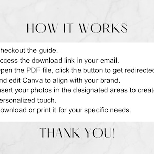 Puede incluir: Un gr&aacute;fico de texto blanco sobre un fondo blanco con el t&iacute;tulo "C&Oacute;MO FUNCIONA" y una lista numerada de instrucciones sobre c&oacute;mo usar un producto digital. Las instrucciones incluyen acceder a un enlace de descarga, abrir un archivo PDF, editar una plantilla de Canva y descargar o imprimir el producto final. El gr&aacute;fico termina con el texto "&iexcl;GRACIAS!"