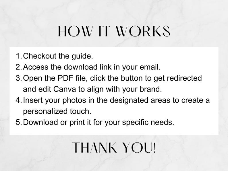 Puede incluir: Un gr&aacute;fico de texto blanco sobre un fondo blanco con el t&iacute;tulo "C&Oacute;MO FUNCIONA" y una lista numerada de instrucciones sobre c&oacute;mo usar un producto digital. Las instrucciones incluyen acceder a un enlace de descarga, abrir un archivo PDF, editar una plantilla de Canva y descargar o imprimir el producto final. El gr&aacute;fico termina con el texto "&iexcl;GRACIAS!"
