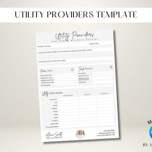 May include: A printable utility providers template with sections for property address, home info, and utility providers. The template includes the text "Utility Providers and Other Helpful Details" at the top. The template is made in Canva.