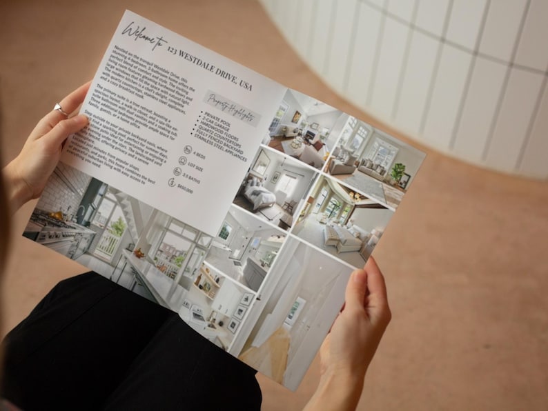 Puede incluir: Un folleto para una casa de lujo en 123 Westdale Drive, EE. UU. El folleto presenta fotos del interior de la casa, que incluyen una cocina, una sala de estar y dormitorios. El folleto tambi&eacute;n enumera los aspectos m&aacute;s destacados de la propiedad, como una piscina privada, pisos de madera dura y electrodom&eacute;sticos de acero inoxidable.