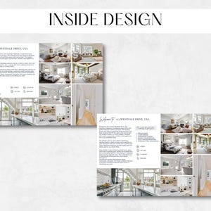 Puede incluir: Un folleto con fondo blanco y texto negro. El folleto presenta fotos del interior de una casa moderna, incluyendo una cocina, una sala de estar y dormitorios. El texto del folleto dice "Bienvenido a 123 Westdale Drive, USA".