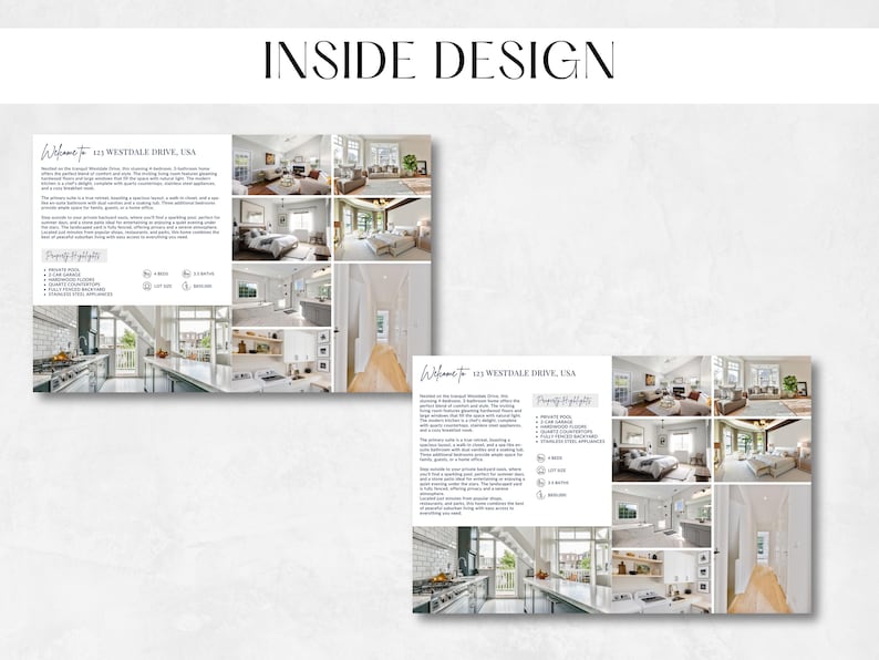 Puede incluir: Un folleto con fondo blanco y texto negro. El folleto presenta fotos del interior de una casa moderna, incluyendo una cocina, una sala de estar y dormitorios. El texto del folleto dice "Bienvenido a 123 Westdale Drive, USA".