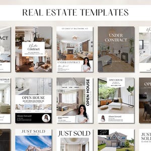 Könnte beinhalten: Eine Sammlung von Immobilienvorlagen mit dem Text "REAL ESTATE TEMPLATES" oben. Die Vorlagen umfassen Designs für "Under Contract", "Open House" und "Just Sold" mit Innen- und Außenaufnahmen von Immobilien und Maklerinformationen.