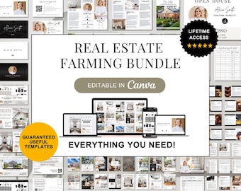 May include: A real estate farming bundle with templates, including business cards, brochures, and social media graphics. The image displays a variety of marketing materials, including a laptop, tablet, and phone, with the text "Real Estate Farming Bundle" and "Everything You Need!"