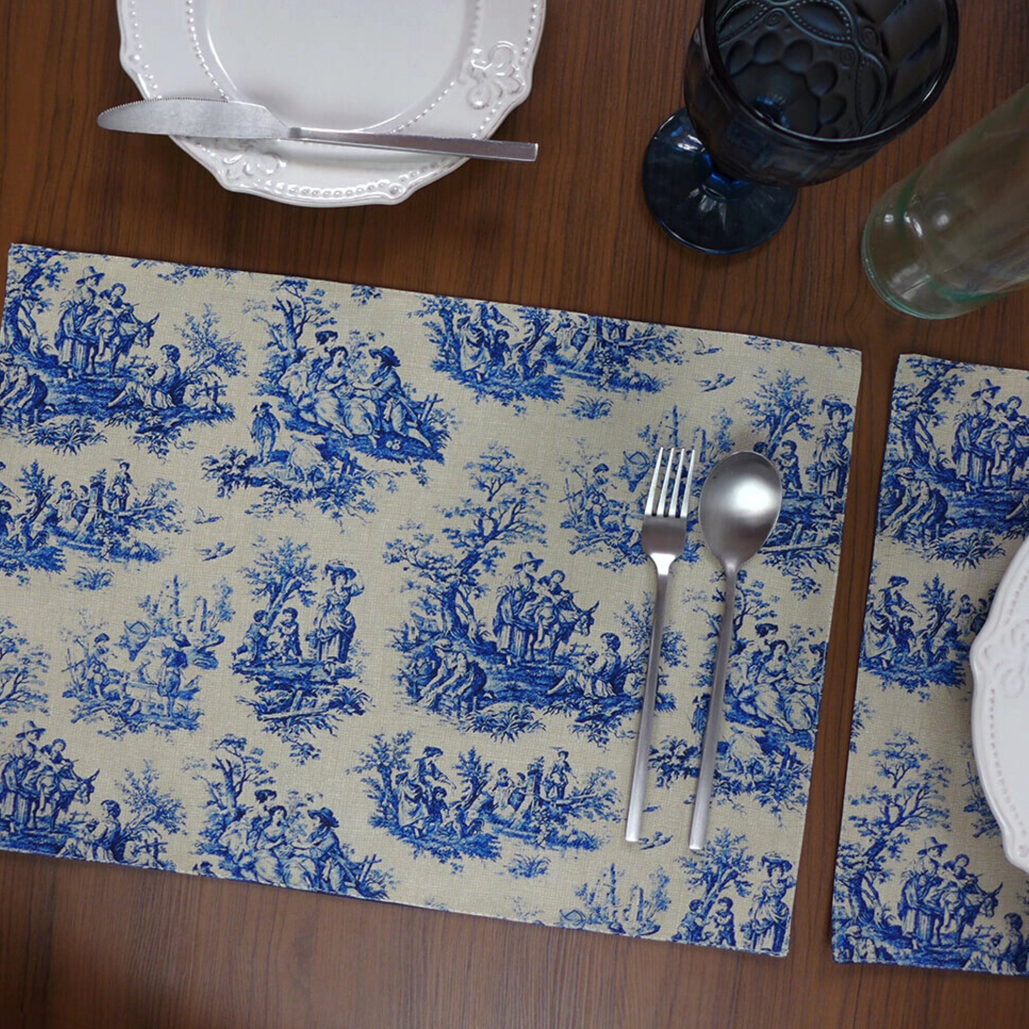 Handmade Bleu Toile Placemats 6 Piece Set Etsy