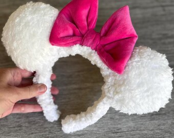 Marie Mouse Ears Headband: Sherpa Aristocats Ears with Pink Bow